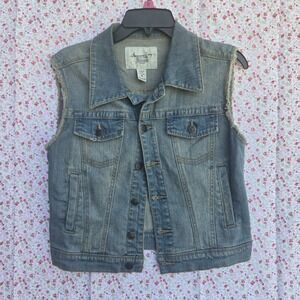 American Rag Womens Denim Vest Blue Size Medium Distressed Stretch Pockets